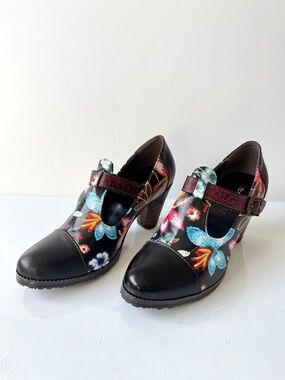 Socofy Folkways Black Multi Floral Stitching Leather Retro T-Strap Pumps Sz 39